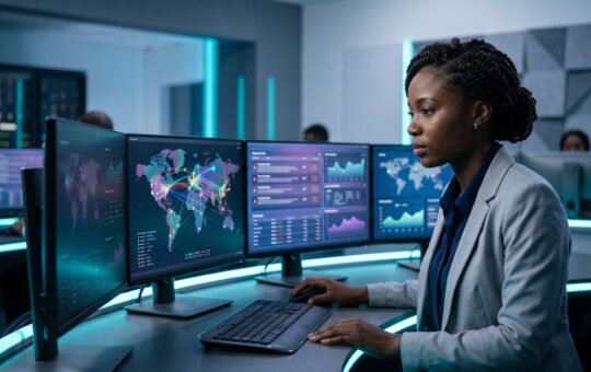 Cybersecurity analyst monitoring threat dashboards in a security operations centre